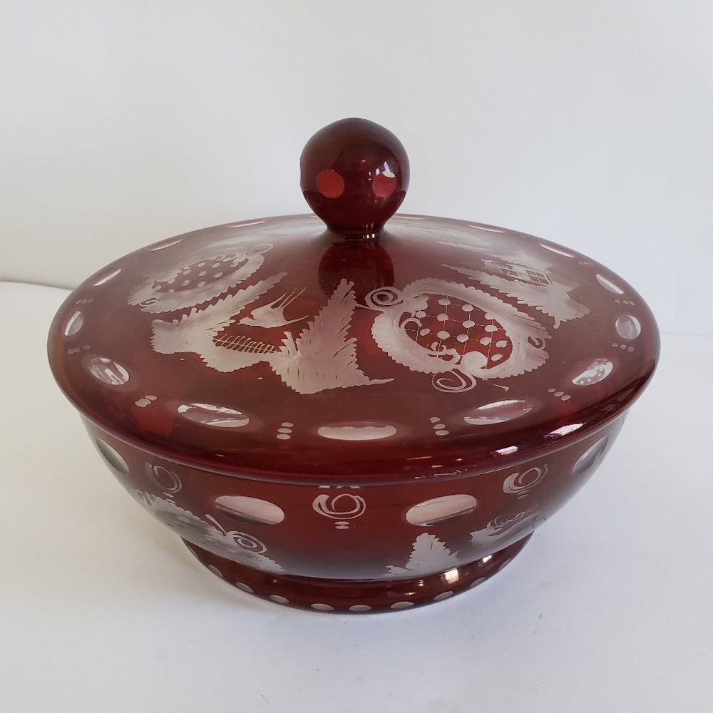 Egermann Bohemian red cranbury etched covered dish